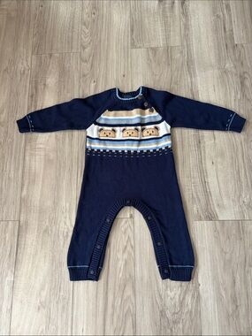 Izod Navy Knit Baby One-Piece with Bear Stripe